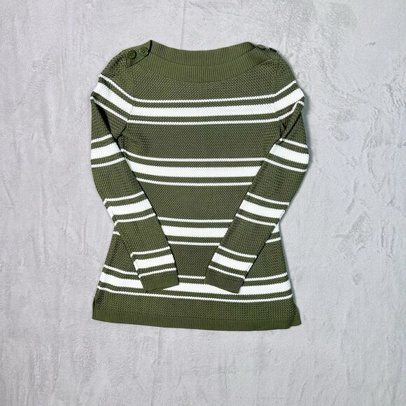 Talbots Petite Sage Green/White Stripe Cotton Knit Sweater Boat Neck Long Sleeve - Picture 1 of 7